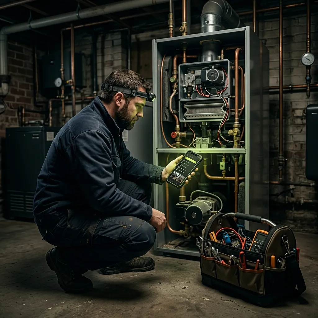 A service technician at a boiler with a service report on his phone