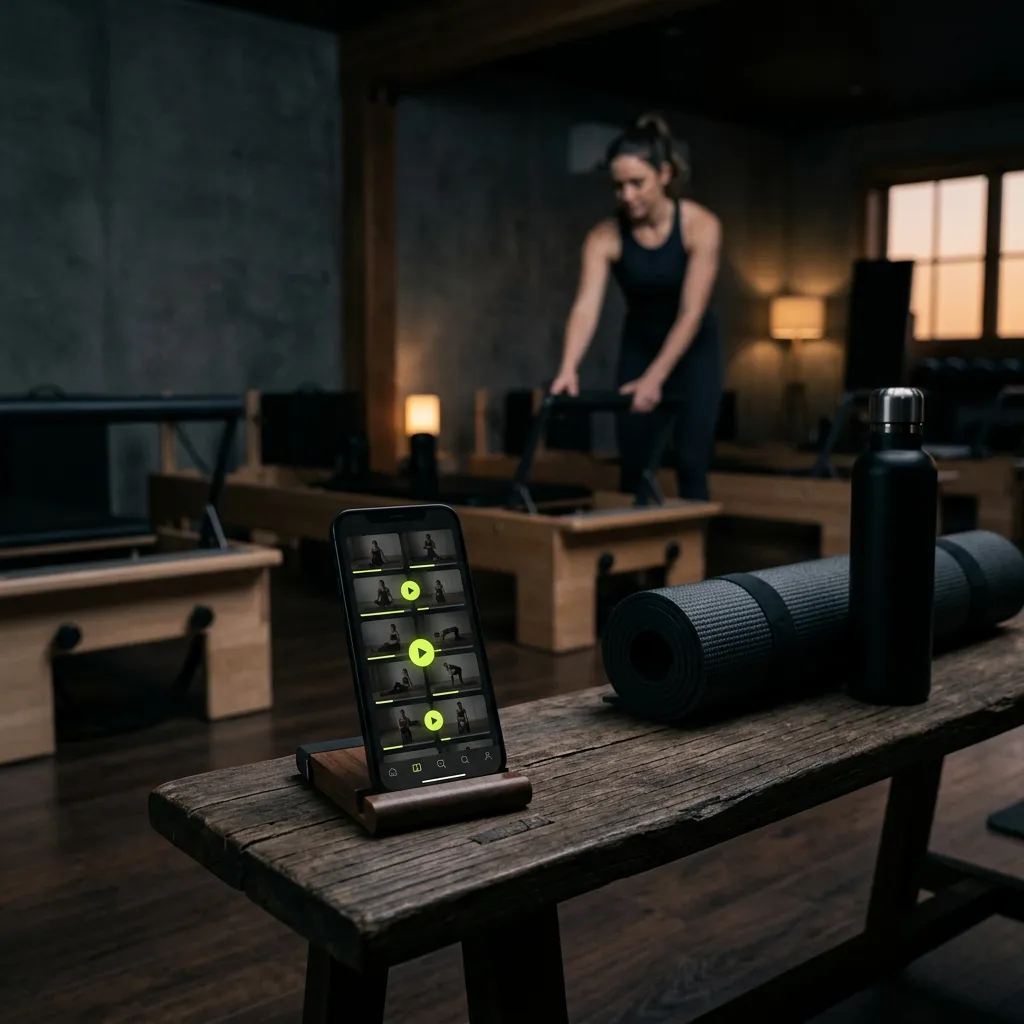 A phone showing a workout video library in a pilates studio