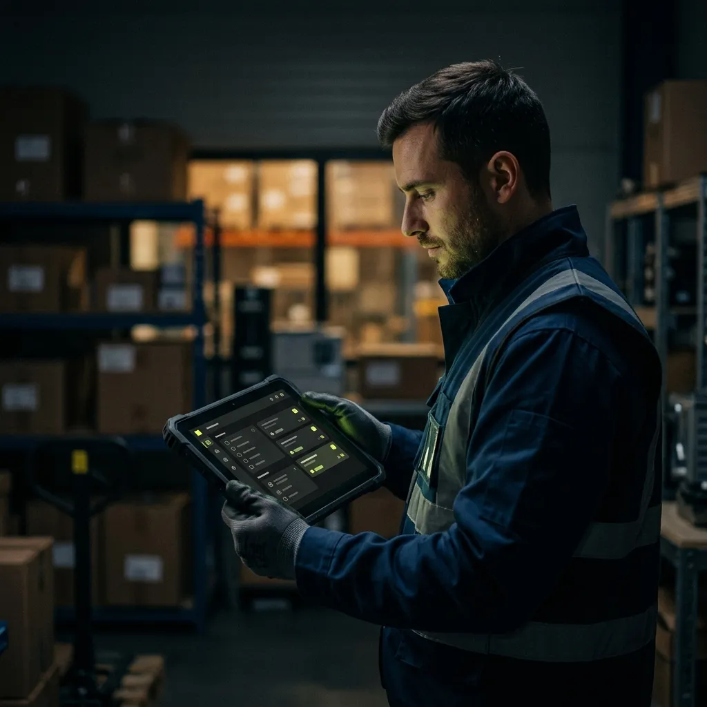 A warehouse employee holding a tablet with a task list