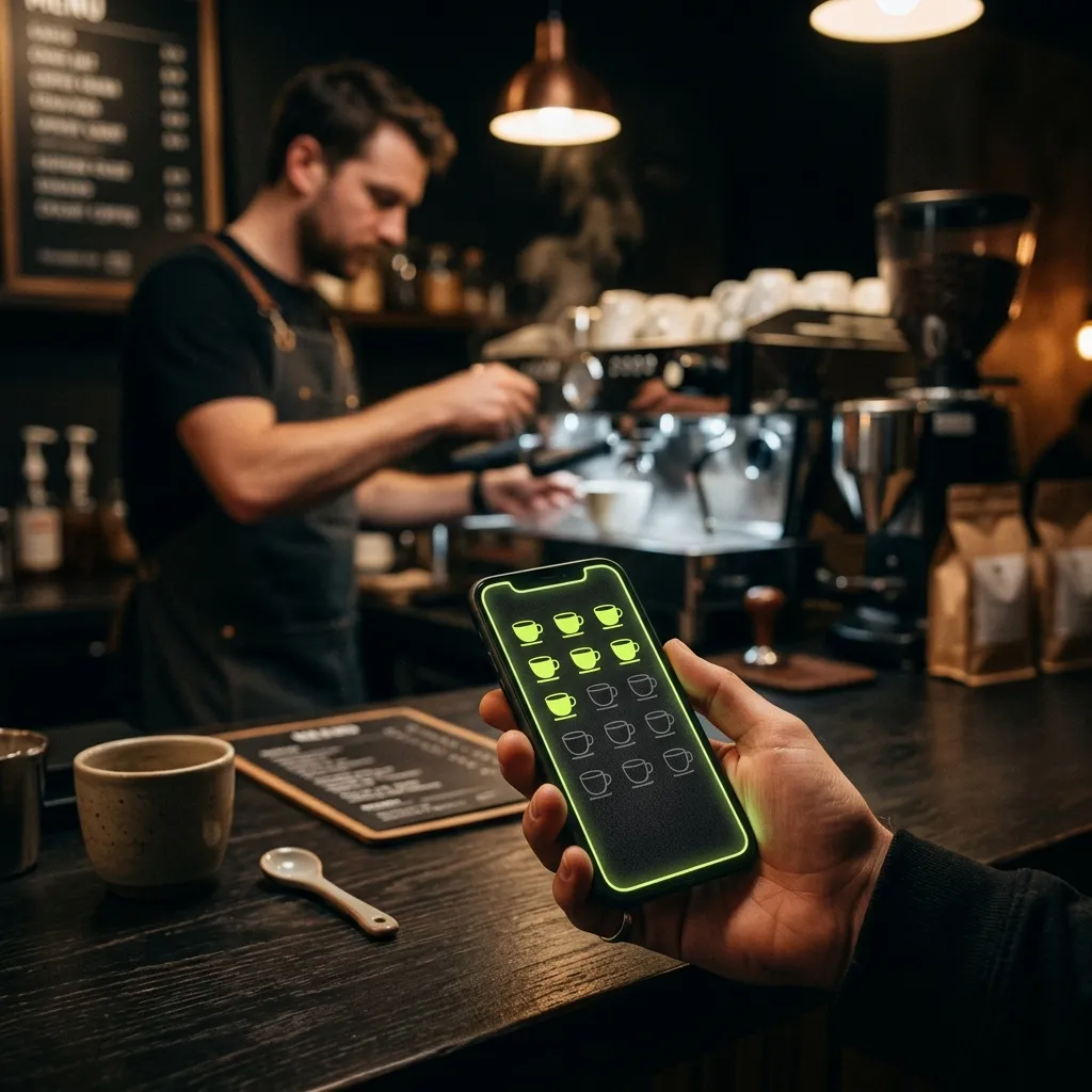 A phone with a digital loyalty card at a café counter
