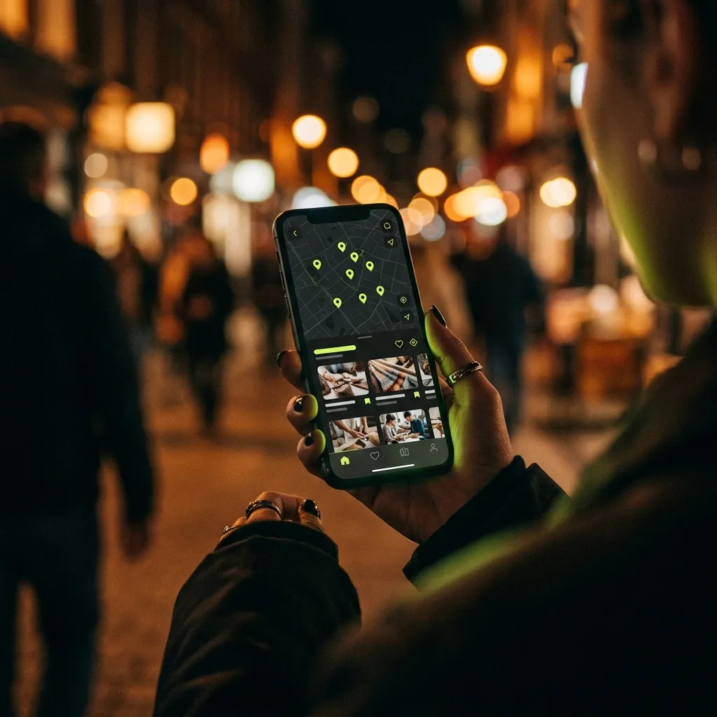 A phone with a map of local businesses on an evening street