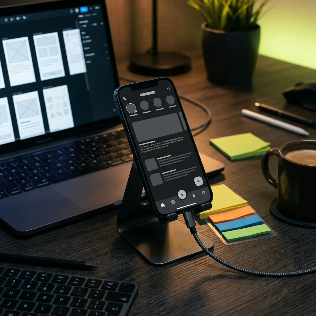 Mobile app development — phone with an app design next to wireframes on a laptop