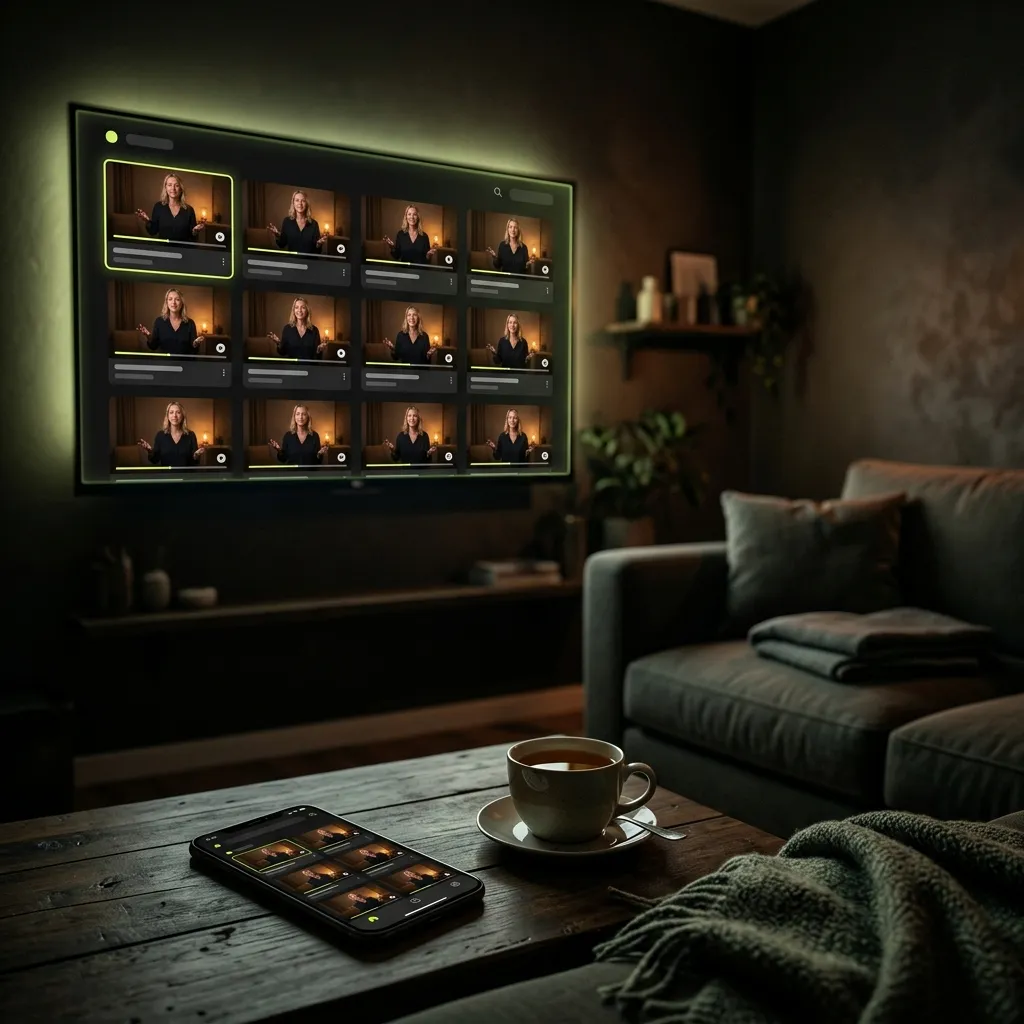 A TV and a phone showing a video library in a living room