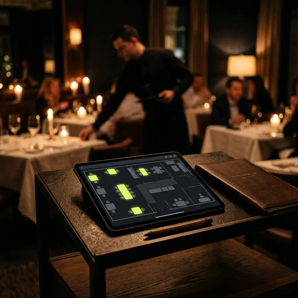 A tablet with a table floor plan at a restaurant host stand
